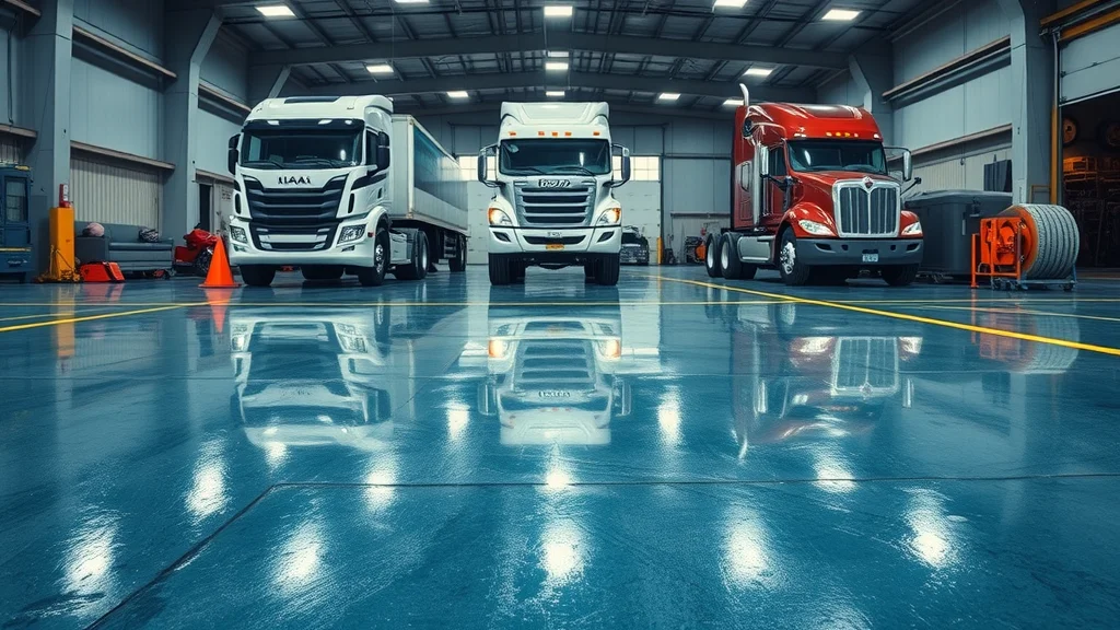Industrial garage with heavy vehicles parked on a shiny blue-grey epoxy floor, demonstrating durability and professional installation - garage floor epoxy