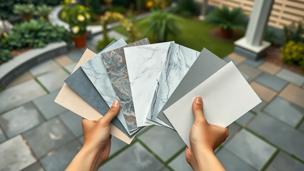 Samples of various epoxy coatings and finishes displayed on a stone patio outdoors, neutral hands presenting different textures and colors, lush garden in the background.