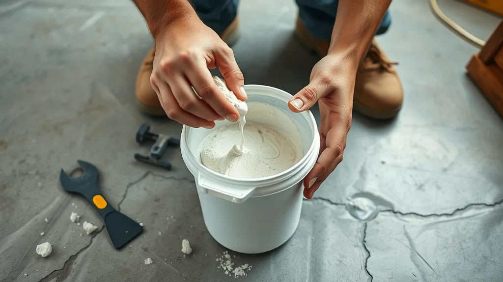 Photorealistic close-up of hands mixing epoxy filler on tarp-covered floor, preparing cracks and holes before epoxy application on concrete floor