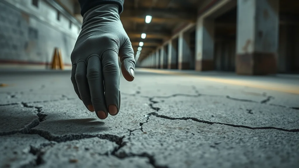 Close-up photo of hands in gloves inspecting a cracked concrete floor for epoxy prep, showing tactile assessment of surface integrity for how to prepare concrete for epoxy