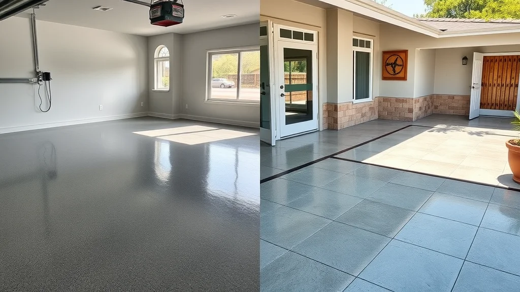 Side-by-side: indoor garage with shiny epoxy floor and adjacent outdoor patio with textured UV-stable epoxy, residential setting, smooth indoor-outdoor transition, distinct surface finishes.