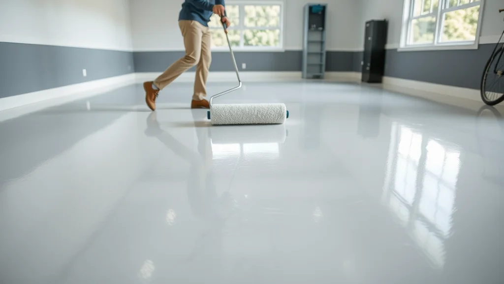 Photorealistic modern garage with homeowner rolling on glossy epoxy over properly prepared concrete, illustrating precision application for how to prepare concrete for epoxy