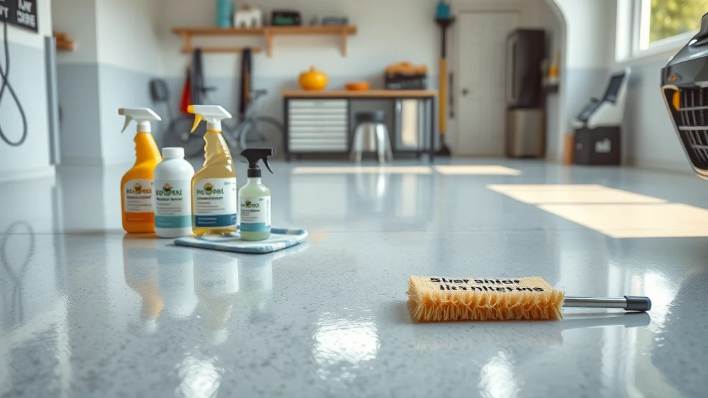 recommended epoxy floor cleaning products lined up on sparkling epoxy garage floor
