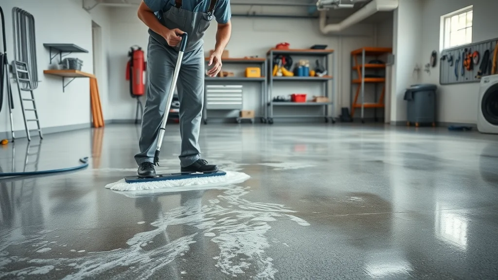 Professional deep cleaning of stained epoxy garage floor by maintenance worker using a scrubber. The image highlights dirt removal, mild soap suds, and shiny epoxy surface under soft lighting.