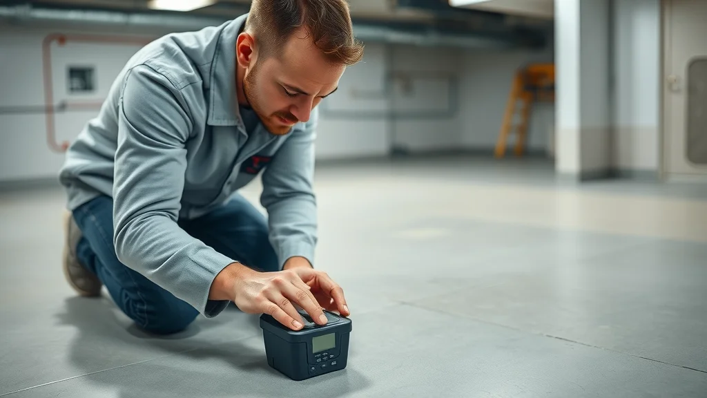 Professional performing moisture meter test on concrete floor, ensuring proper epoxy prep and moisture seal application for how to prepare concrete for epoxy