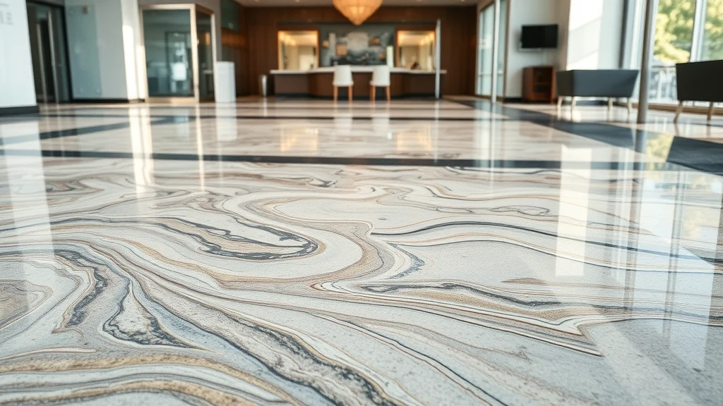 Striking metallic marble epoxy floor effect, swirling pigments, close-up view, commercial lobby, reflective marbling, photorealistic, silver gold and blue hues, contemporary decor, high dynamic range, no disfigured faces or text