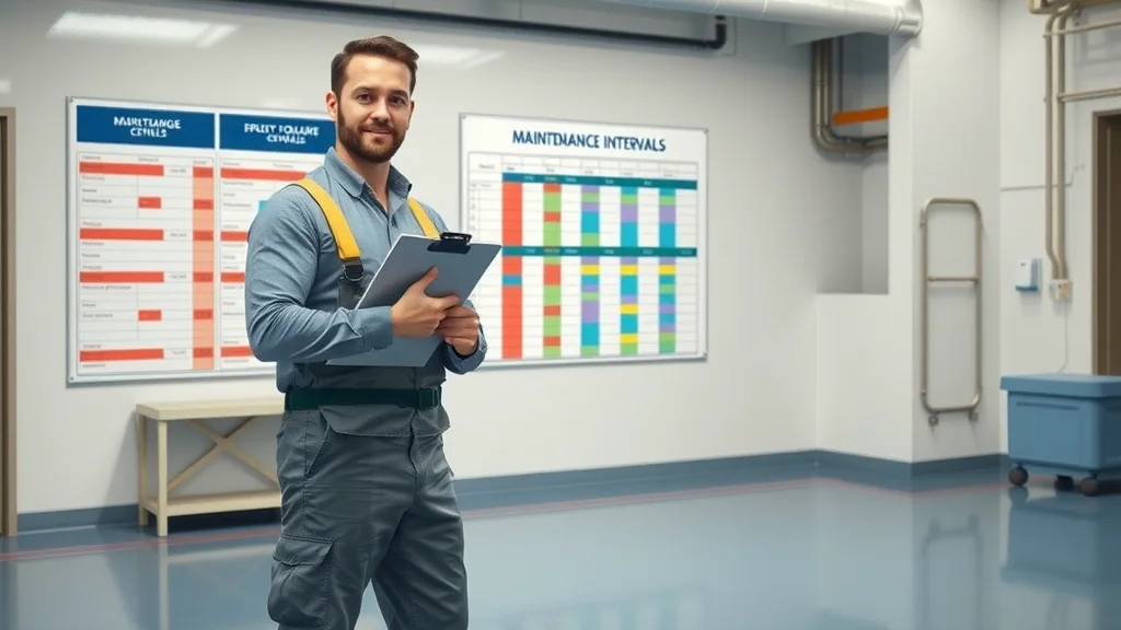 Organized maintenance schedule for epoxy floor. Confident facility manager with clipboard stands by color-coded interval chart on wall and polished floor in equipment room.