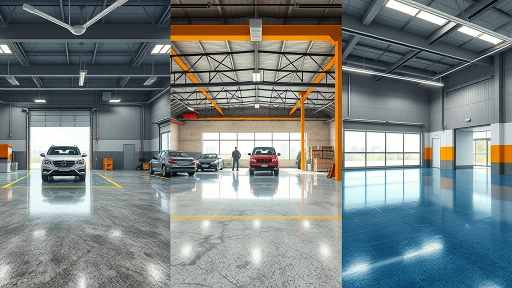 Variety of epoxy floors in three settings: garage, warehouse, and office. Each with unique floor textures and lighting, highlighting how floor maintenance varies by facility.