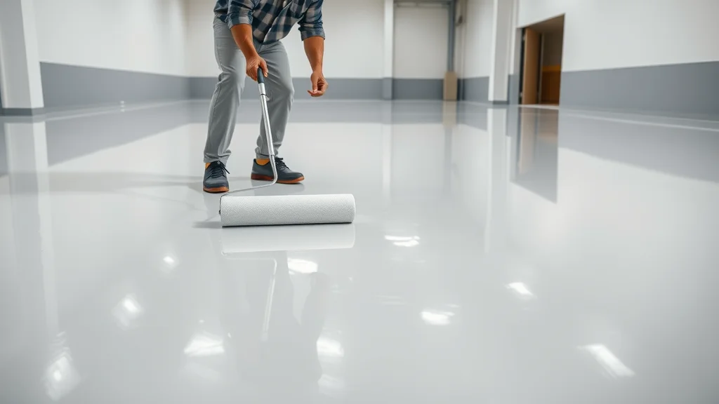 Installer carefully applying a glossy top coat to a large epoxy floor, photorealistic, wide roller, clean facility, sheen and glassy texture, light gray and white palette, no disfigured faces or text