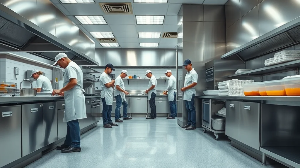Commercial kitchen with slip-resistant epoxy floor and alert staff working
