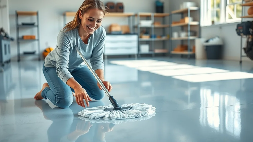 homeowner using soft mop on clean glossy epoxy garage floor
