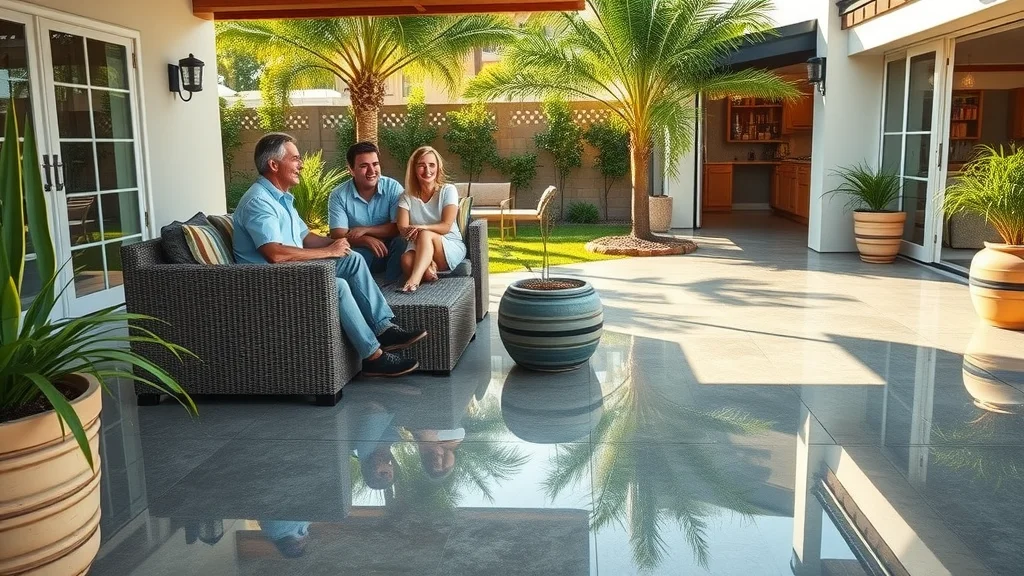Inviting residential backyard patio with high-gloss epoxy flooring, homeowners chatting over outdoor furniture, sunlit modern yard with lush greenery, reflections on epoxy surface, potted plants, rendered with earth tones and blues, late afternoon light.