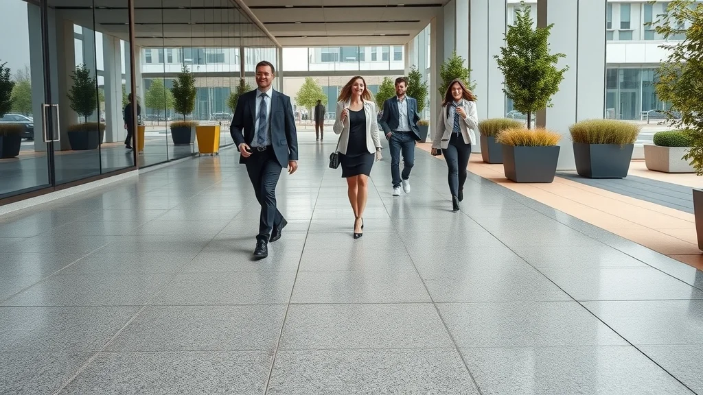 Modern commercial walkway with epoxy coating, pedestrians in business attire, outside sleek office building, epoxy surface with texture patterns for grip, glass walls and landscaped planters.
