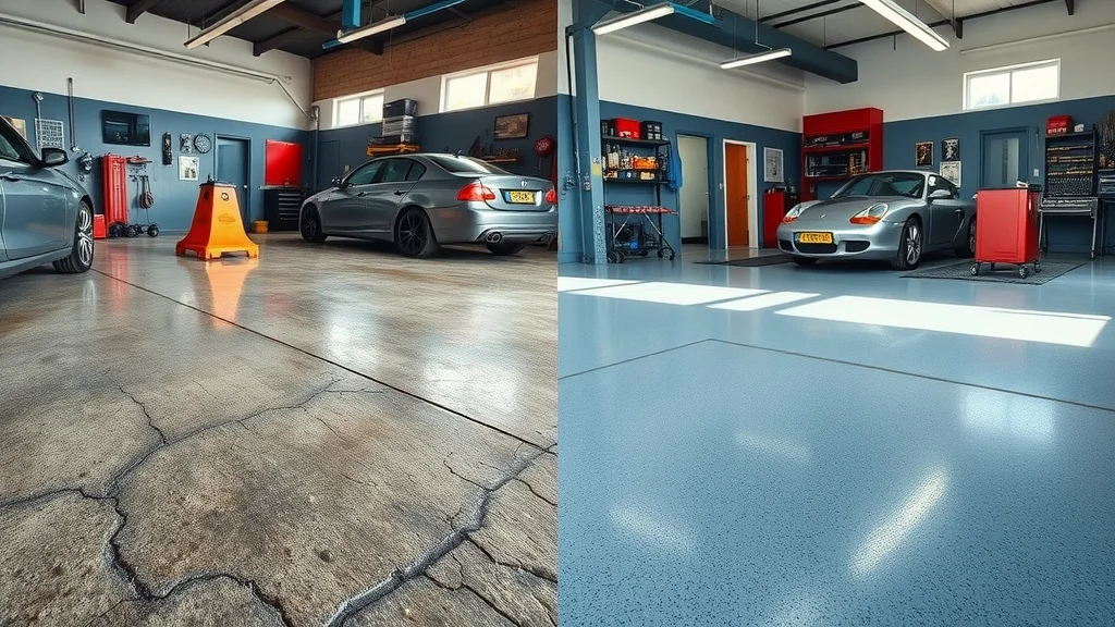 Before and after epoxy coating on automotive garage floor, showing transformation from worn concrete to high-gloss, crack-free surface