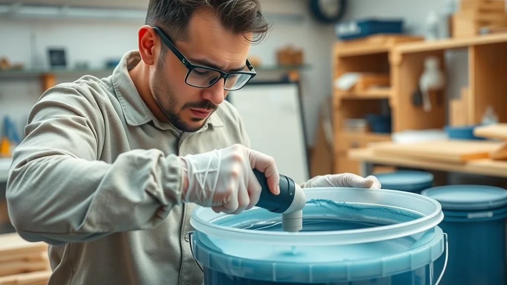 Detail-oriented professional mixes epoxy resin and hardener in a large clean bucket, steady hand stirring mixture, photorealistic commercial workshop, protective gear, sharp focus, high depth of field, neutral tones with sapphire blue accents, soft overhead lighting, no disfigured faces or text