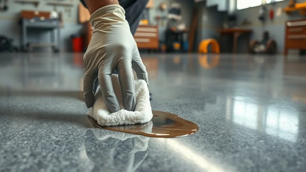 clean-up of oil spill on epoxy garage floor using absorbent pad and gloved hands