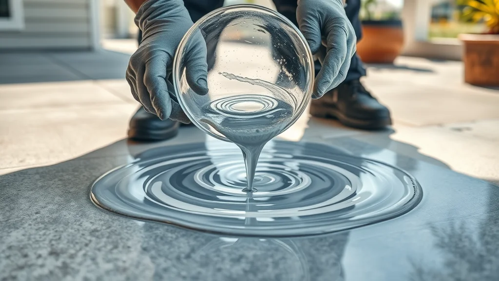 Glossy epoxy resin being mixed and poured onto outdoor concrete, technician's hands in gloves, dynamic swirls in liquid epoxy, reflections, macro details and natural textures, cool grays and whites, on a bright patio.