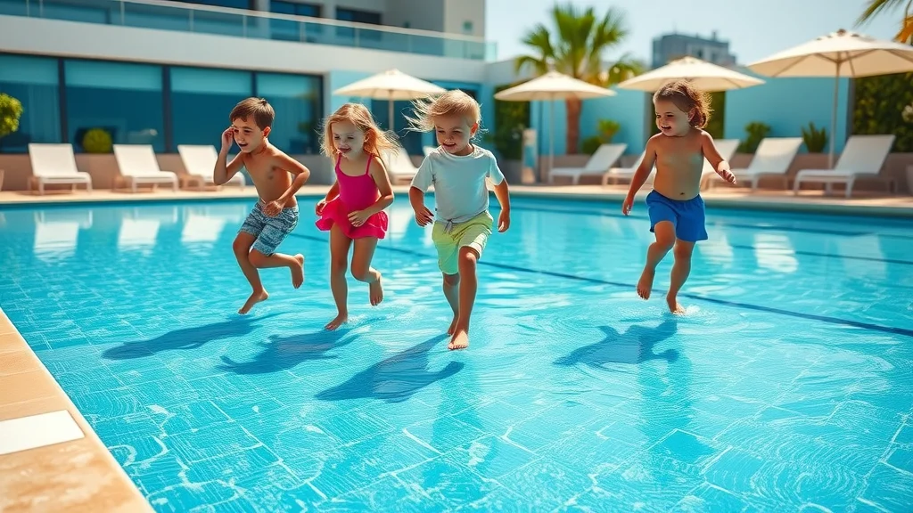 Modern pool deck with epoxy-coated surface, kids playing near pool, anti-slip texture, water droplets on finish, poolside lounge chairs and umbrellas, vibrant blues and natural stone under sunlight.