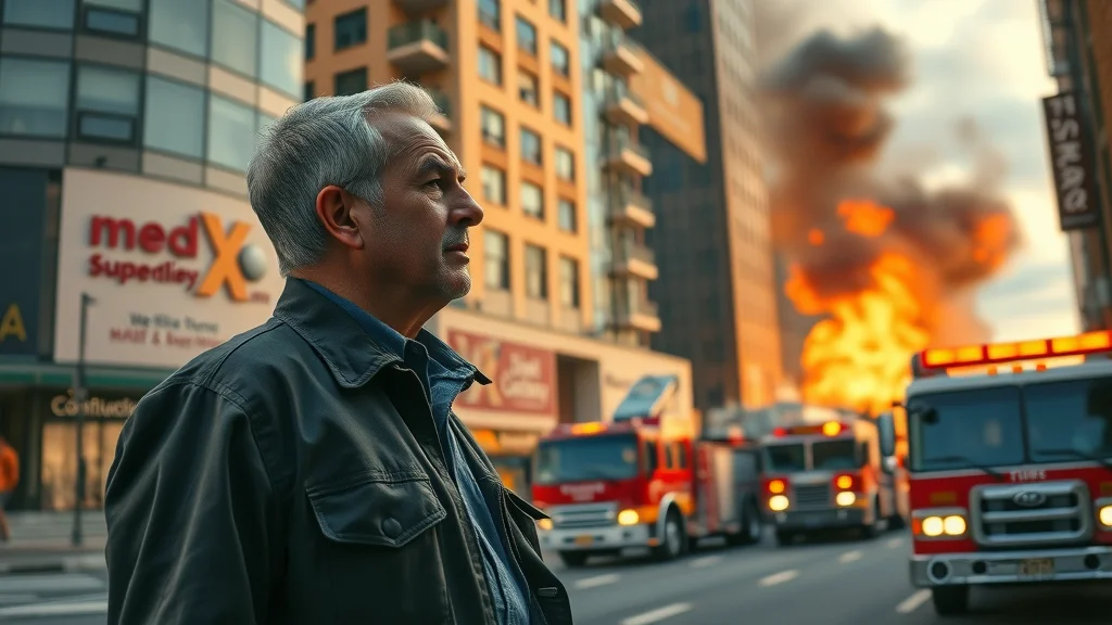 Fire resistant paint for commercial buildings - property manager observing smoke and flames in a commercial district, fire trucks in urgent response, high realism, no text in image