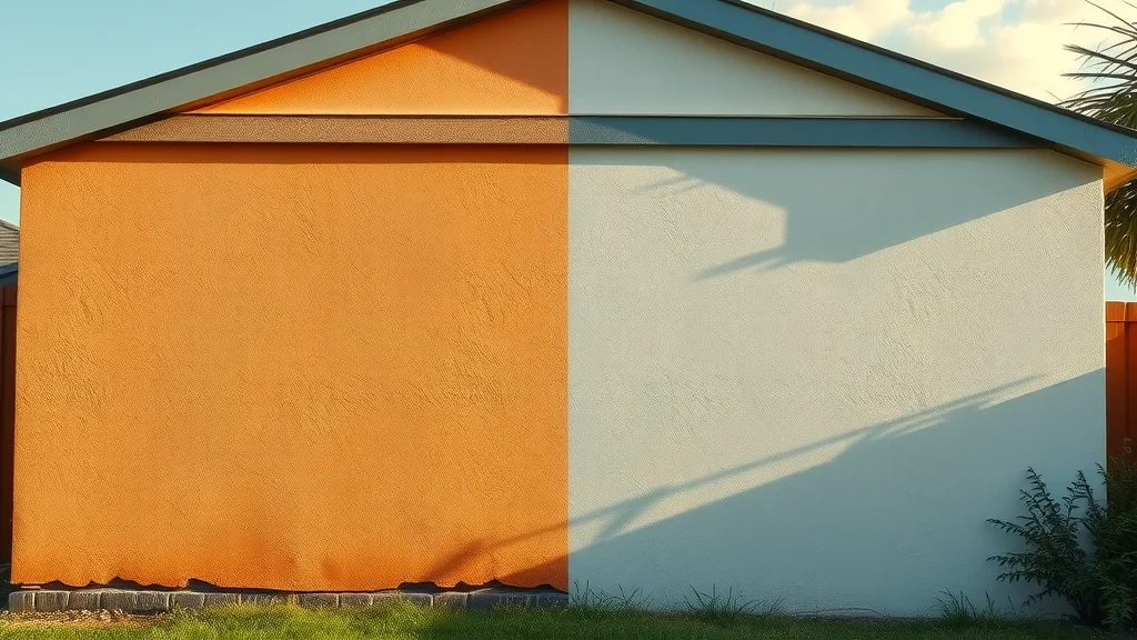 Split-scene rendering of exterior painted wall: one side sun-damaged and cracked, other vibrant and glossy from overcast weather