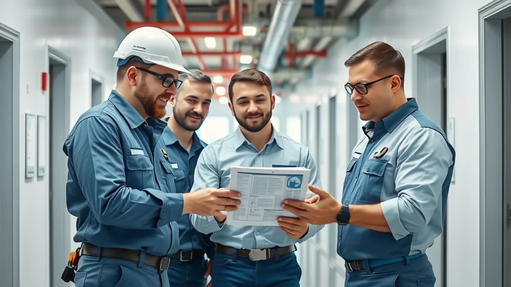 Professional commercial maintenance crew reviewing fire resistant paint application checklist, ensuring code compliance and safety in a modern building