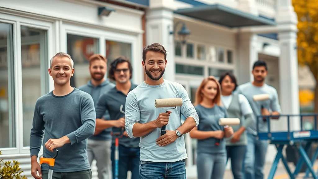 Vibrant commercial building being professionally painted by skilled team in New England – commercial painter in action using rollers and lifts. Modern storefronts, coordinated painters, and subtle greenery.