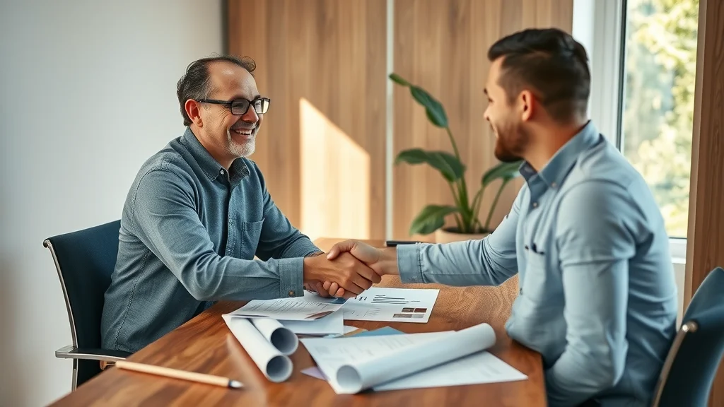 Business owner in New England shaking hands with commercial painter after receiving a detailed, itemized estimate. Professional, positive scene.