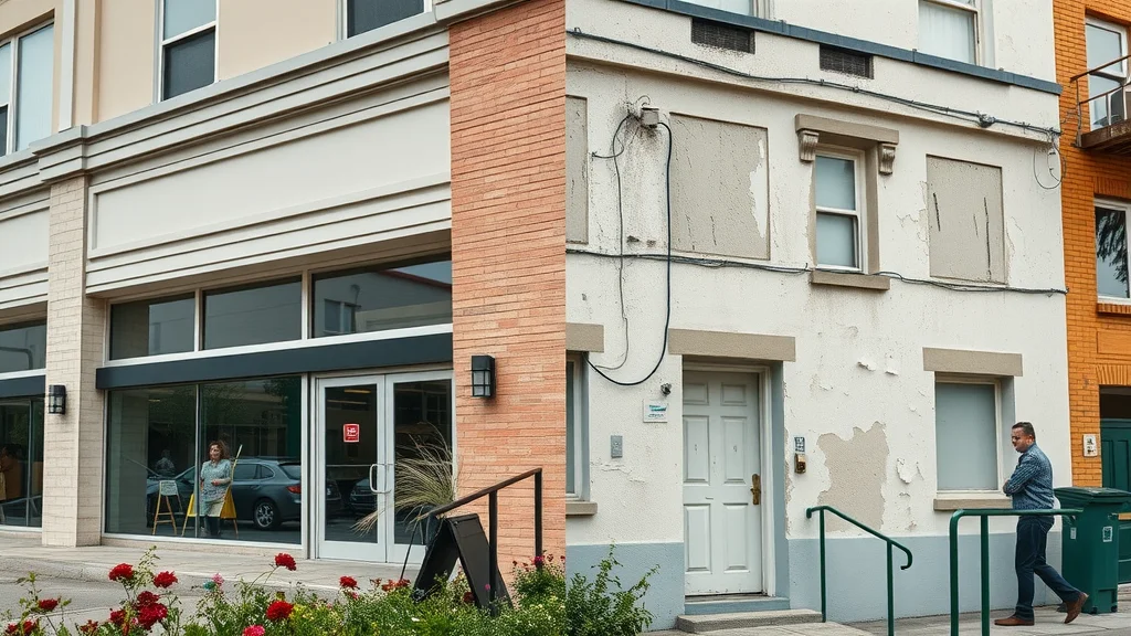 Comparison split view showing the dramatic difference between a pristine, regularly painted commercial exterior versus one with weathered, peeling paint, illustrating the cost-saving impact of regular maintenance painting