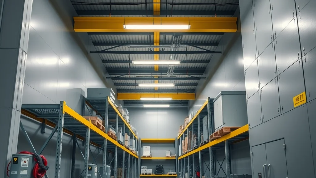 Commercial building storage room with fire resistant paint on walls and beams, showcasing safe and organized protection in a modern commercial property