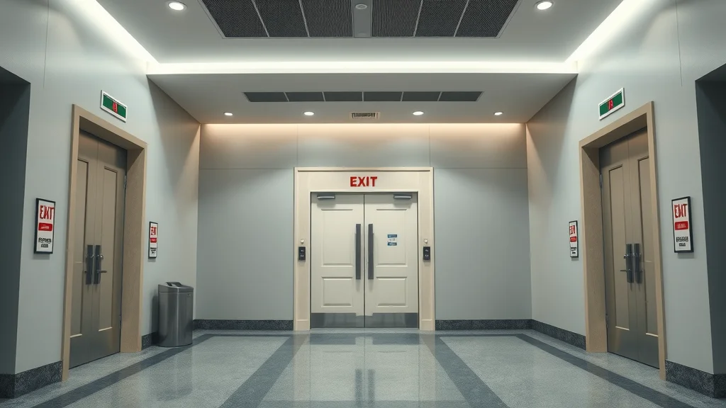 Fire resistant paint for commercial buildings - exit stairwell doors in a safe, secure commercial lobby with visible fire safety features, neutral modern palette