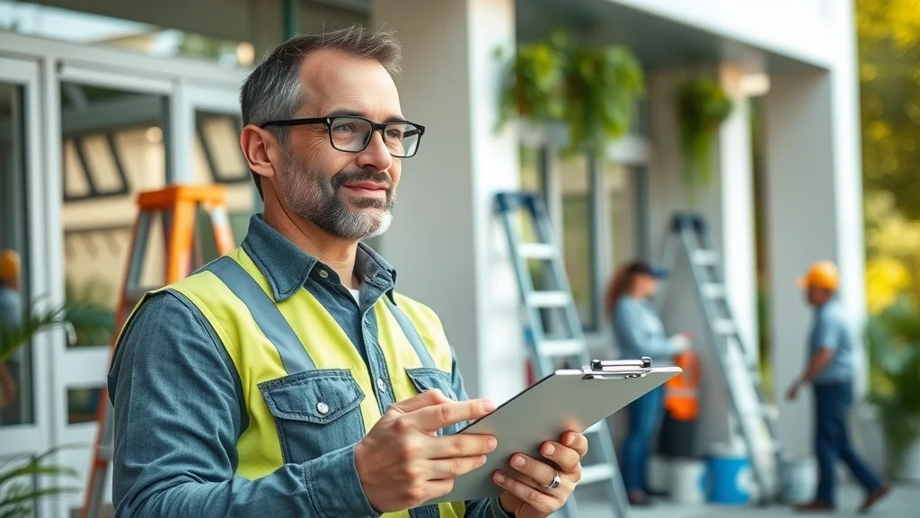 Facility manager carefully inspecting a commercial building exterior for maintenance painting using an organized checklist, depicting proper paint maintenance routines