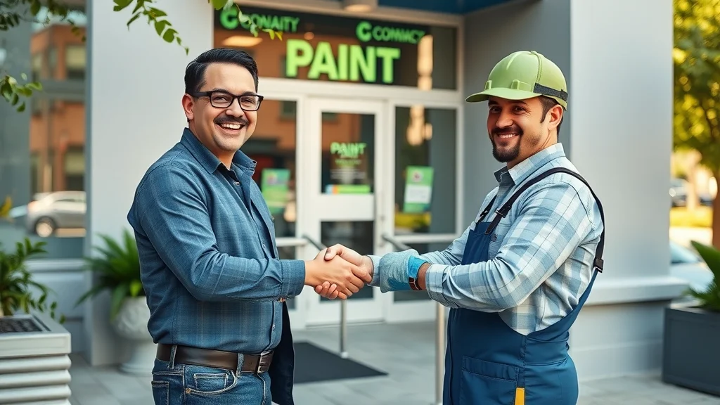 Business owner shaking hands with professional paint contractor in front of a freshly painted commercial building, demonstrating the importance of regular maintenance painting for business owners