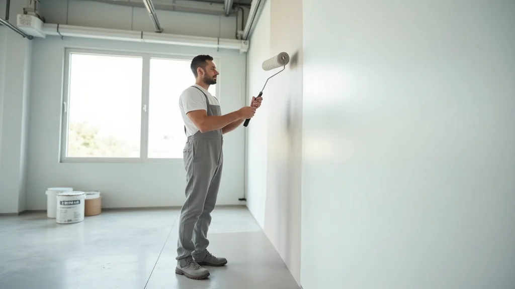 Professional commercial painter at work applying paint to a large interior commercial wall as part of facility maintenance painting, using specialized equipment in a modern facility with daylight and clean surroundings.