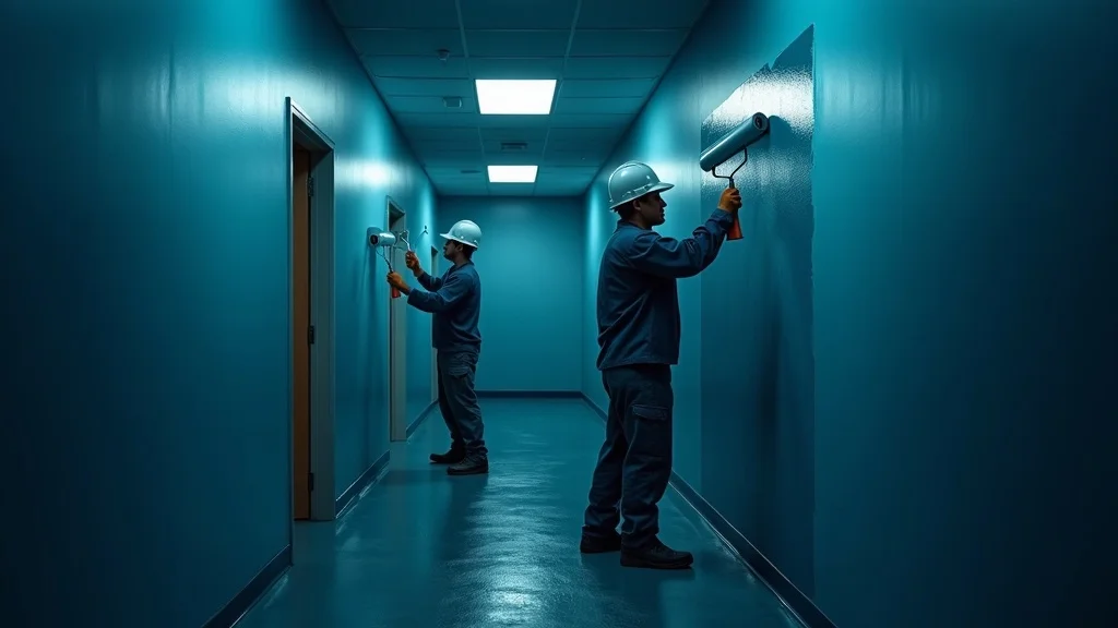 Off-hours commercial painting project management—painters working at night to prevent business disruption in facility corridors.