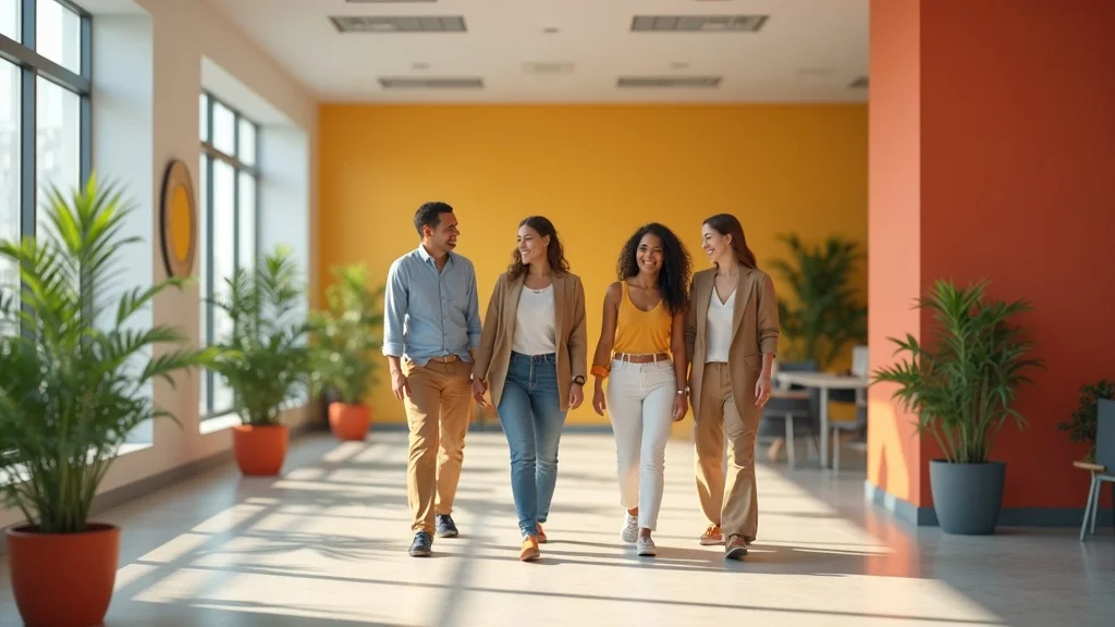 Happy office staff enjoying a freshly painted commercial area, demonstrating the positive impact of professional facility maintenance painting on morale.