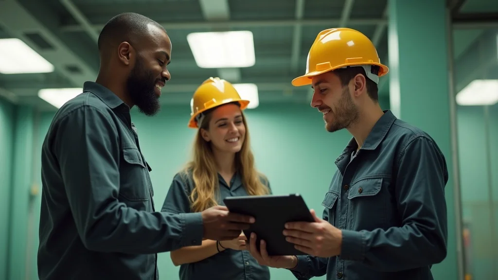Open communication in commercial painting project management—facility staff checks painting progress with a project supervisor on digital tablet.
