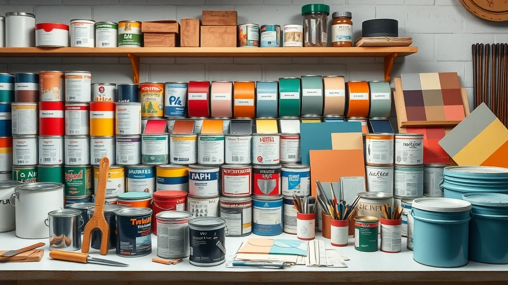 types of paint for industrial painting versus commercial painting, organized cans and paint swatches, epoxy coatings, polyurethane, acrylics, enamels, and specialty paints displayed neatly