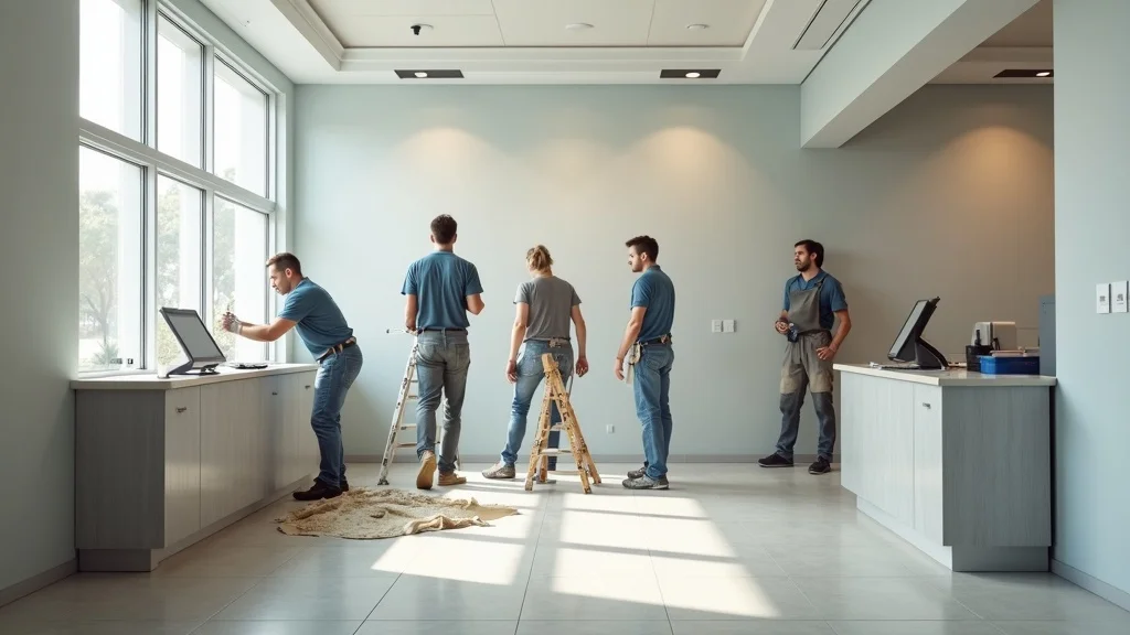 Tenant repaint services in progress at a commercial bank lobby, with professional painters working after hours in a clean, modern environment