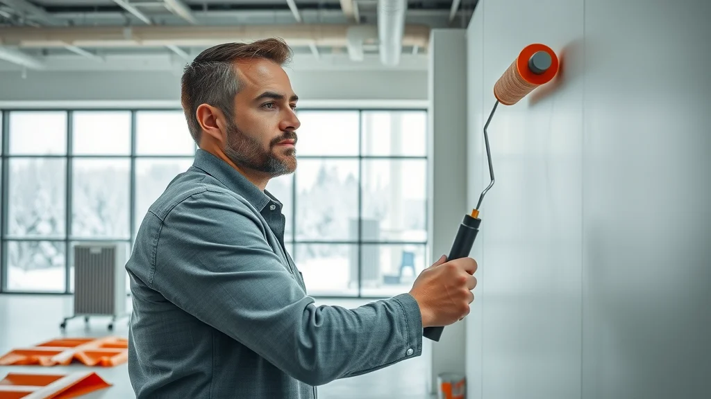 Professional painter inside a modern commercial space, painting a large wall with a roller, visible snowy landscape through windows, heaters and paint supplies, commercial interior painting in winter