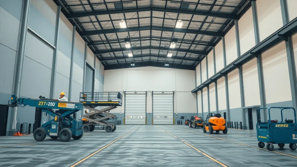 industrial painting versus commercial painting, modern industrial facility exterior being painted, professional workers and painting equipment in action, realistic textures and cool industrial colors