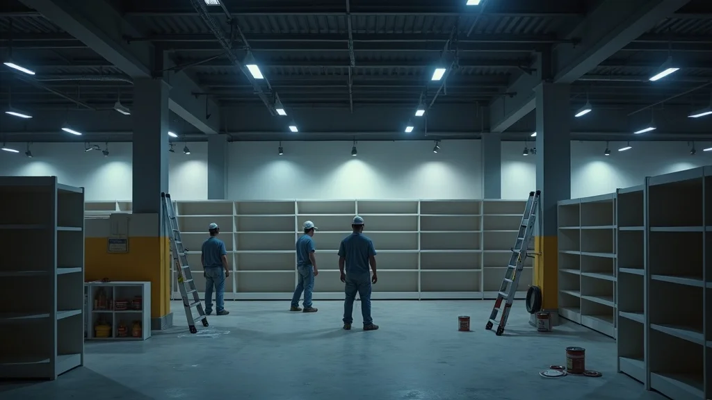 Experienced commercial painters quietly performing tenant repaint services at night in an empty retail space