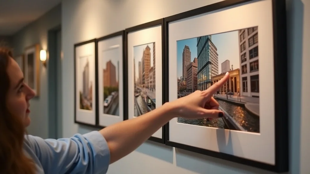 Framed images of commercial painting company Boston completed projects displayed in a modern lobby, with a hand pointing to a project photo