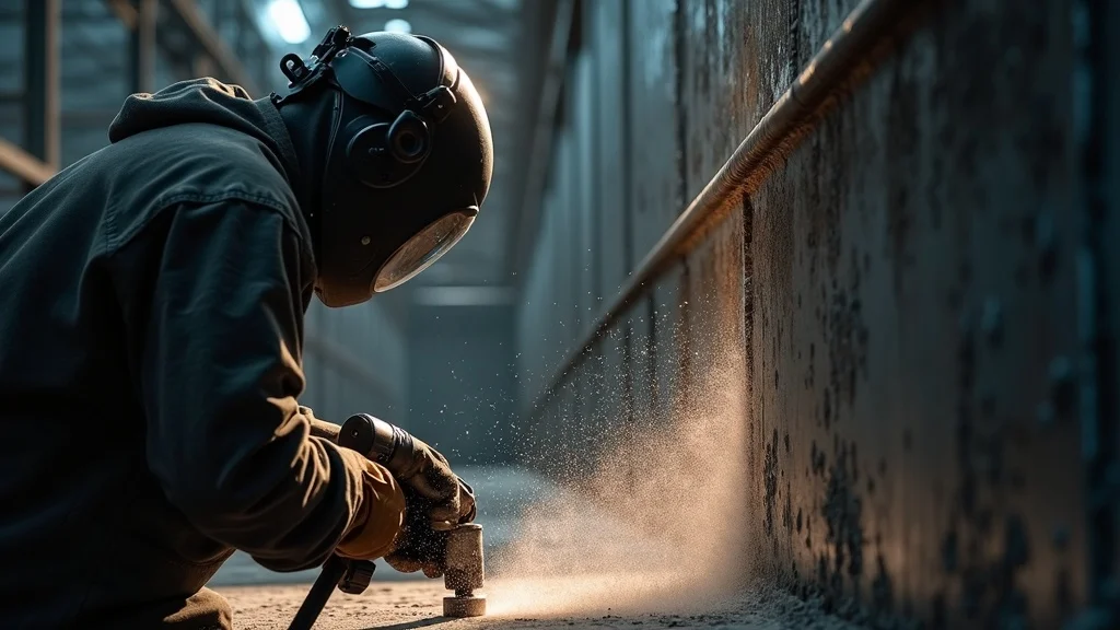 Worker performing surface prep on industrial steel surface using abrasive blasting for optimal adhesion of anti-corrosion coatings