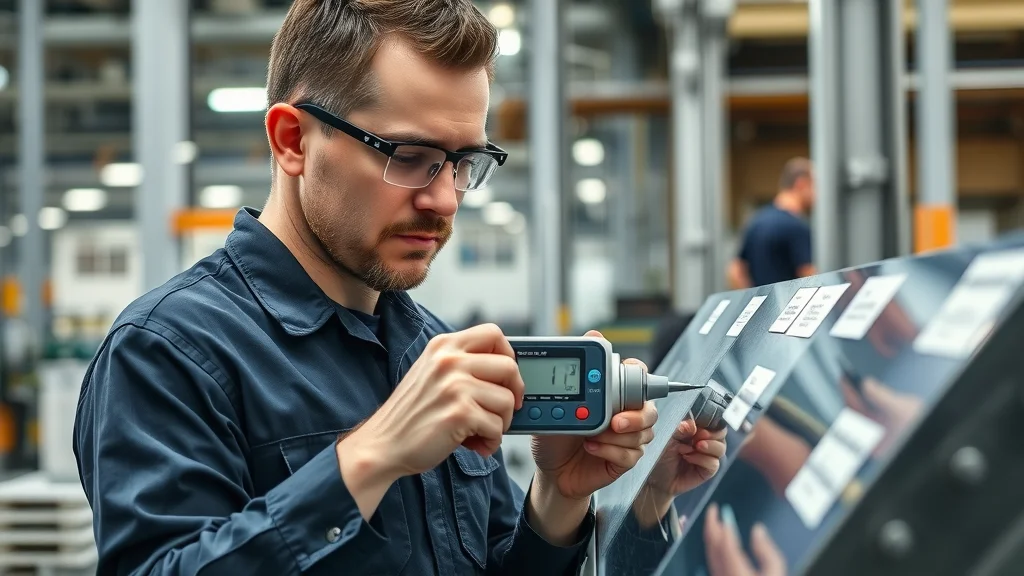quality assurance inspector measuring film thickness of anti-corrosion coating on steel surface