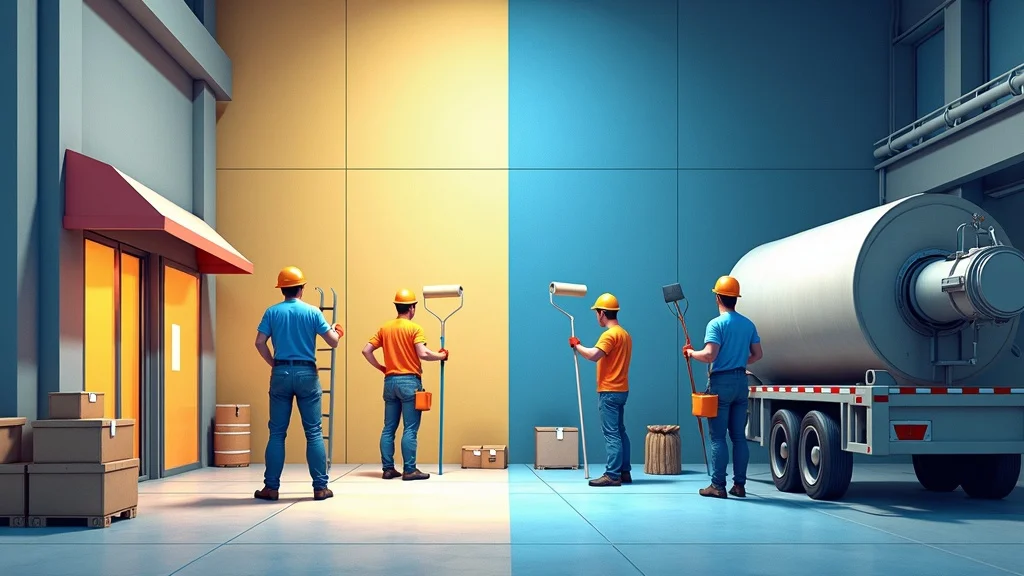 Side-by-side illustration contrasting commercial and industrial painting environments—a vibrant retail storefront with commercial paints and a gritty industrial warehouse with heavy-duty coatings, demonstrating where each approach is best applied.