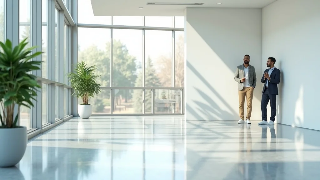A modern office lobby freshly painted with commercial paint, showing a clean, professional environment with people admiring the space, demonstrating the results of commercial painting versus industrial coatings in a sunlit, welcoming setting.