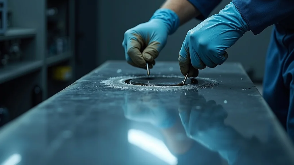 Applying epoxy coating on steel surface, technician in gloves spreading glossy epoxy resin for corrosion protection in an industrial workspace