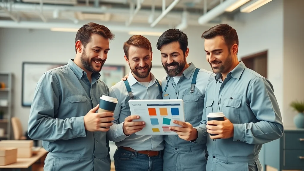 Team of commercial painters reviewing paint samples and schedule on a tablet, color chips, coffee mugs, interior winter commercial painting operations, professional office environment
