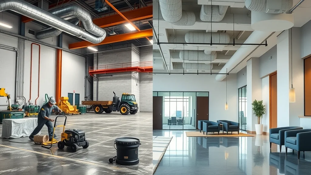 split view of industrial and commercial painting, left side industrial interior with heavy-duty equipment, right side sleek office lobby being painted, showcasing difference between industrial paint and commercial paint environments