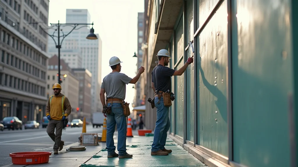 Professional commercial painting company Boston team applying paint to a modern office building, focused and collaborative, set in a busy Boston street scene